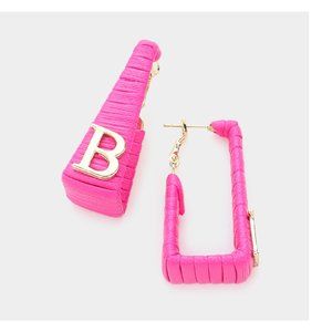 Barbie Pink B Monogram Cord Wrapped Rectangle Hoop Earrings NEW